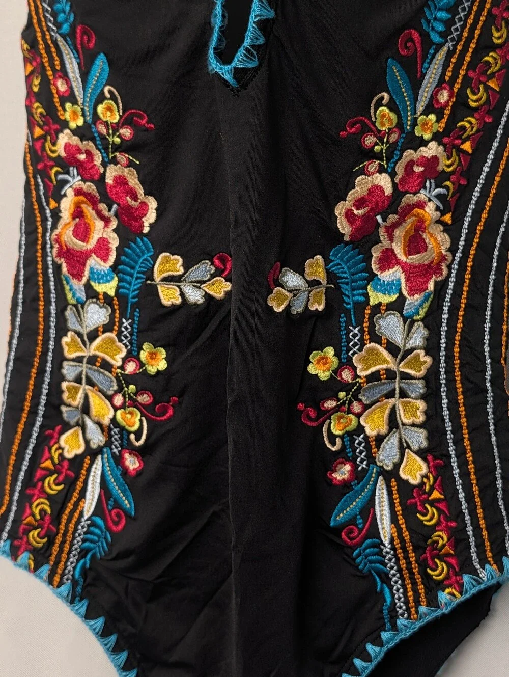 Johnny Was Black Halter One-Piece Bathing Suit with Floral Embroidery Size Small